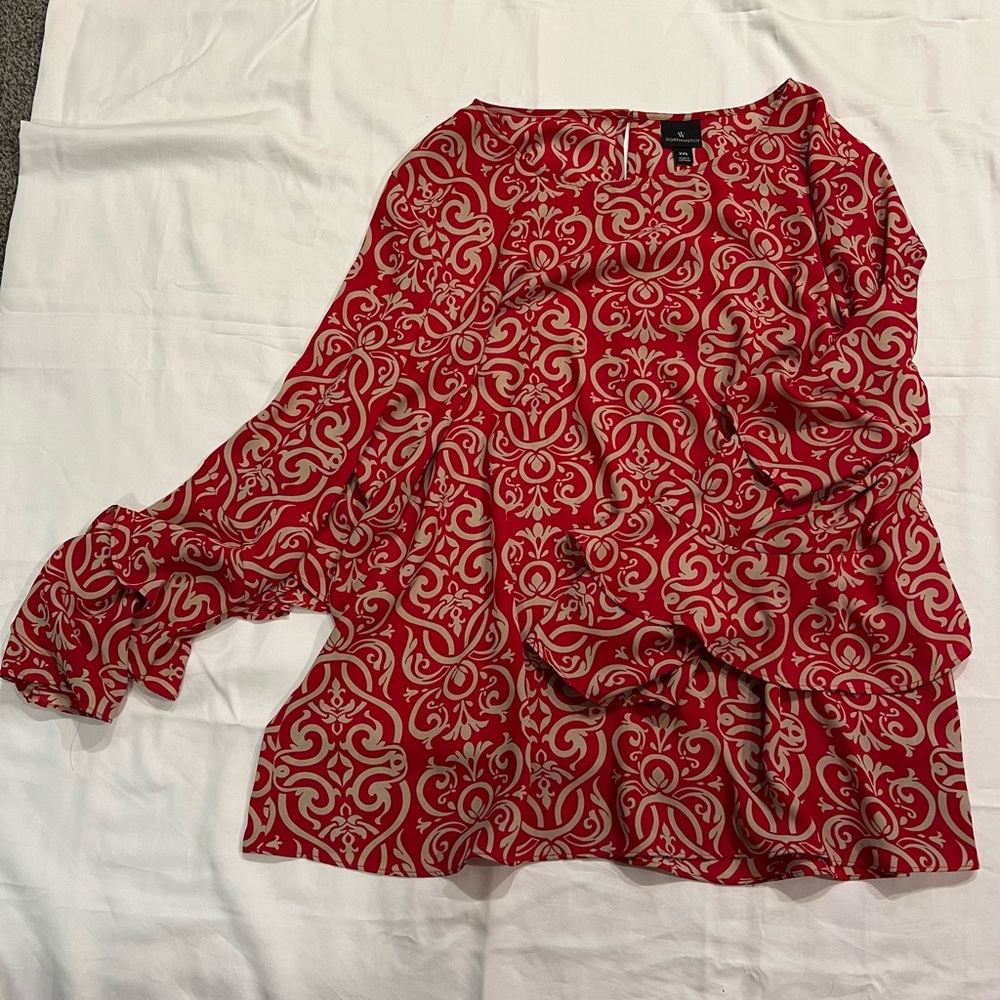 Worthington Red and Cream Asymmetrical Blouse